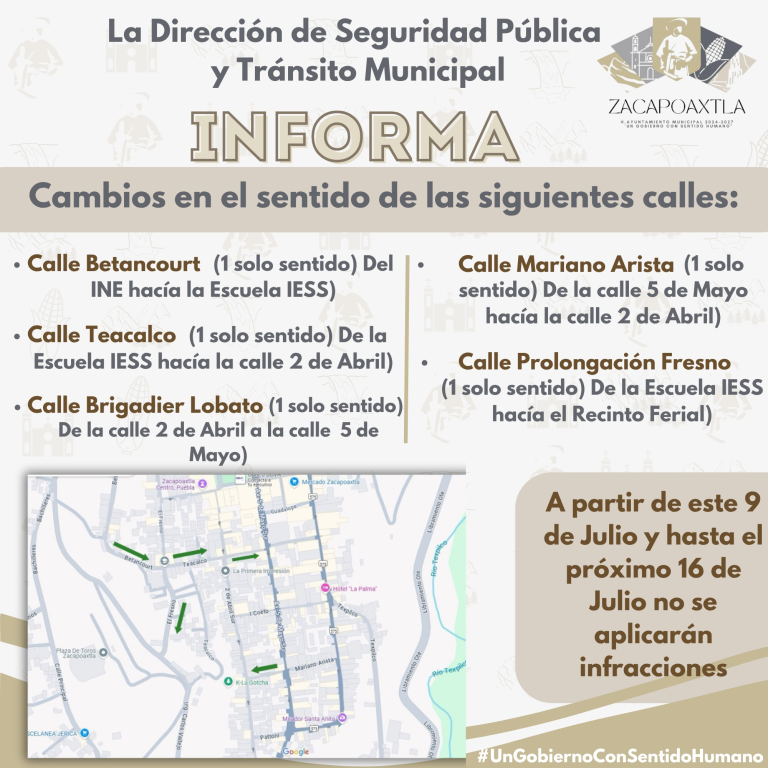 Cambio de sentido en Calles del Centro de la Cabecera Municipal.